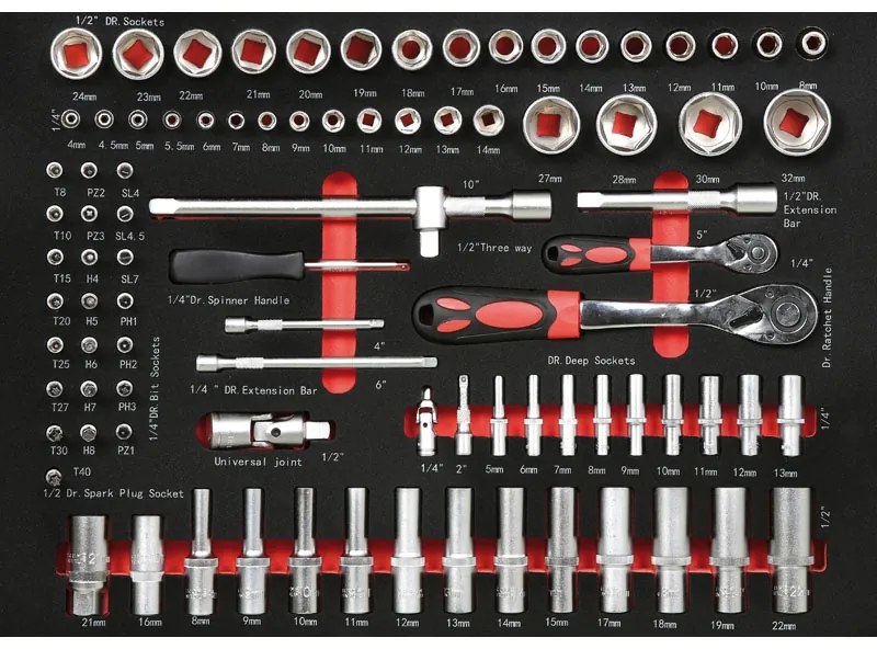 Pojazdný dielenský vozík na náradie EXPERT, VRÁTANE NÁRADIA, 7 zásuviek, modrá