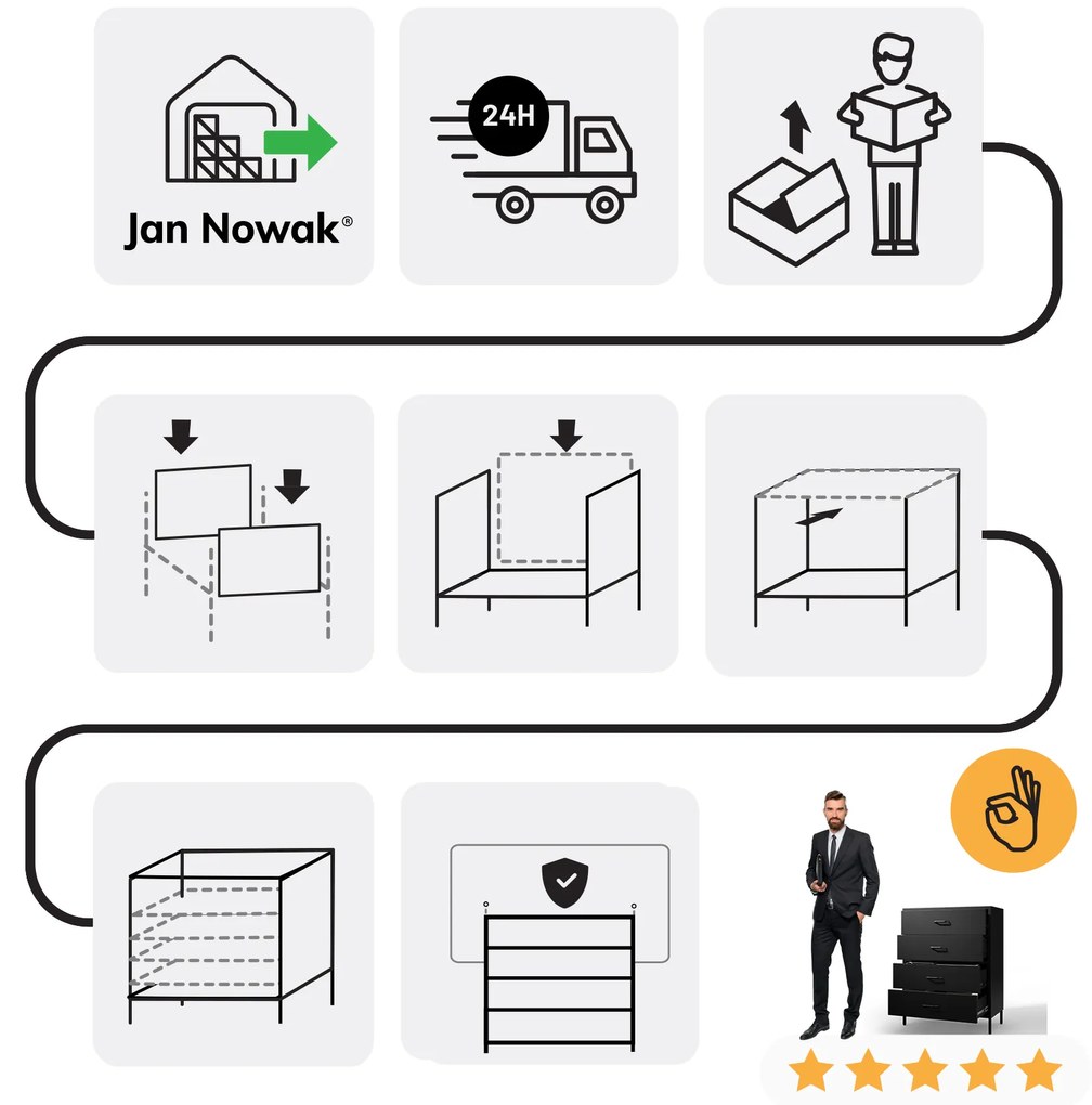 Čierna kovová komoda so zásuvkami na nožičkách CARLA Modern 800 x 1015 x 400 mm