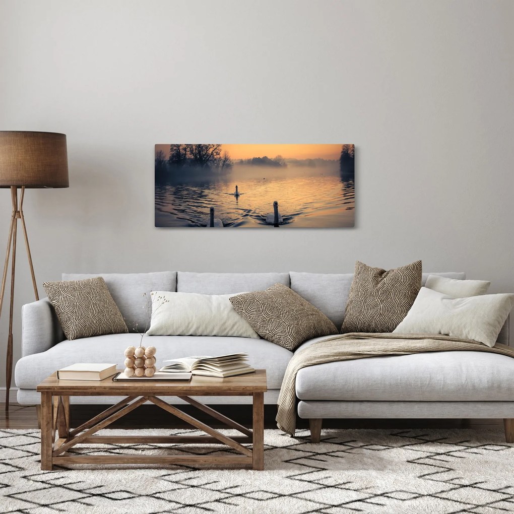 Obraz labutí na vode v hmle (120x50 cm)