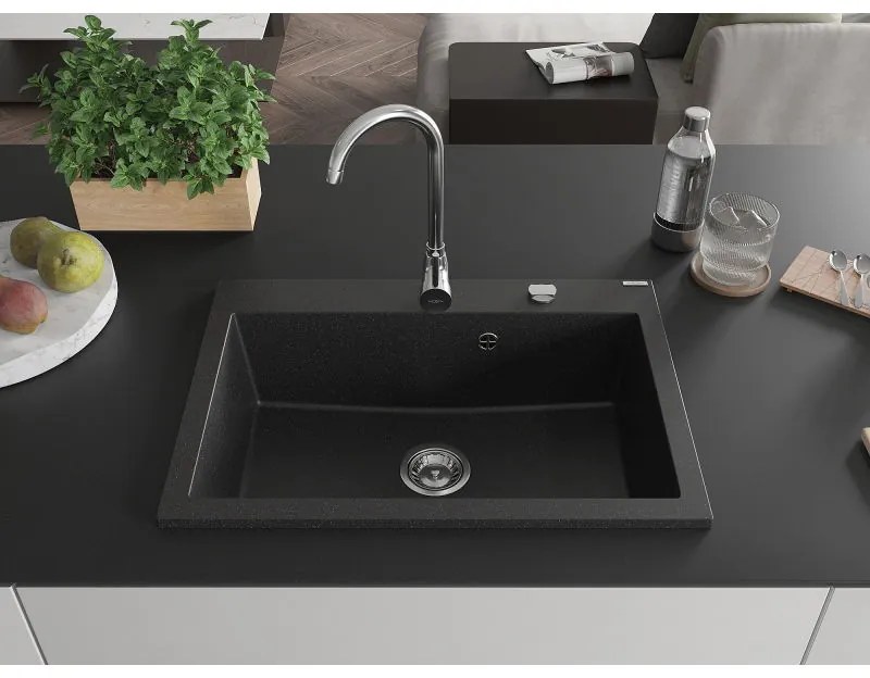 Mexen Elix, 1-korový granitový drez 700 x 500 mm, čierna/strieborná metalíza, chrómový sifón, 6526701005-73