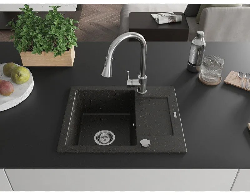 Mexen Enzo, 1-komorový granitový drez 576x465x174 mm a drezová batéria Elia, čierna-zlatá metalíza, 6506-75-670101-00