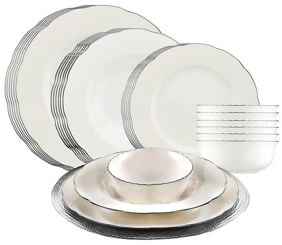 24-dielna jedálenská súprava, biela/strieborná, porcelán