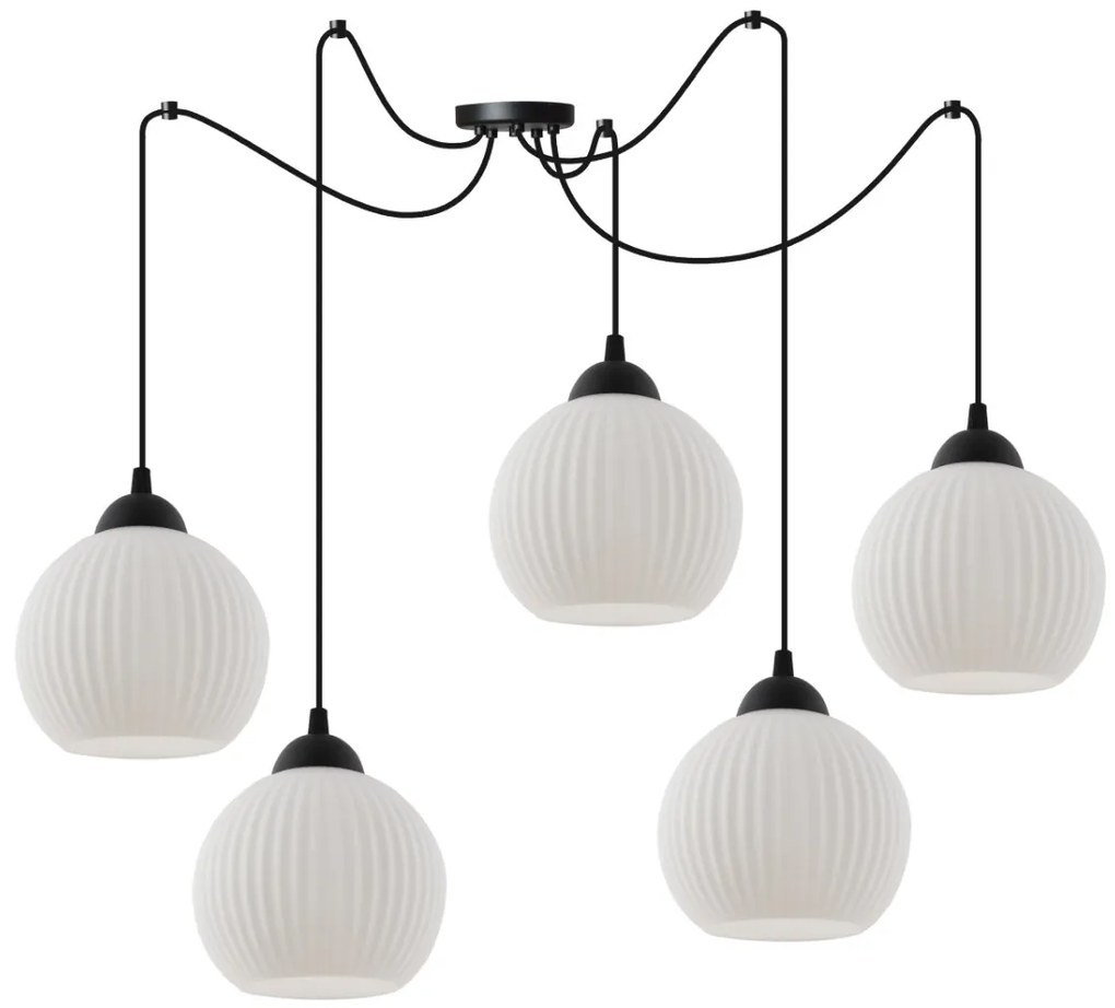 Závesné svietidlo Riffle Round Spider, 5x biele sklenené tienidlo, b