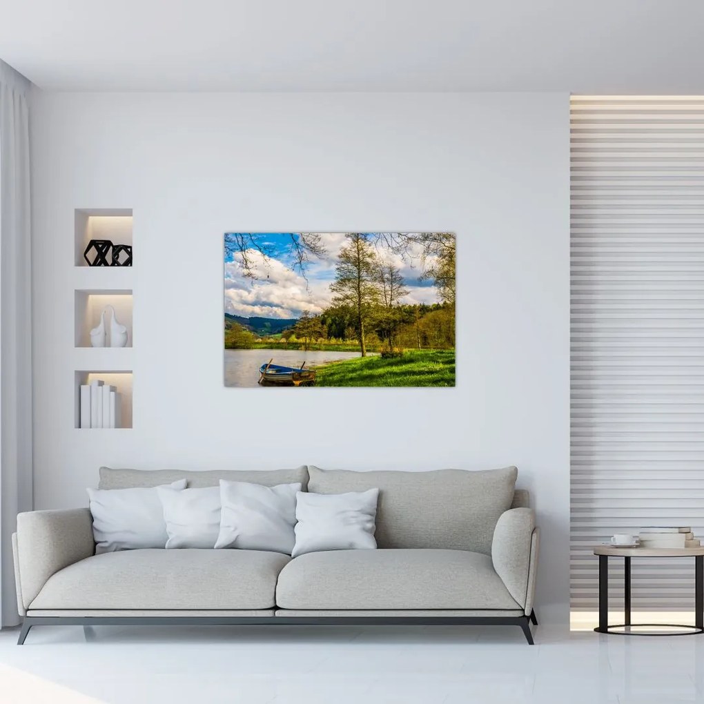 Obraz loďky pri jazere (90x60 cm)