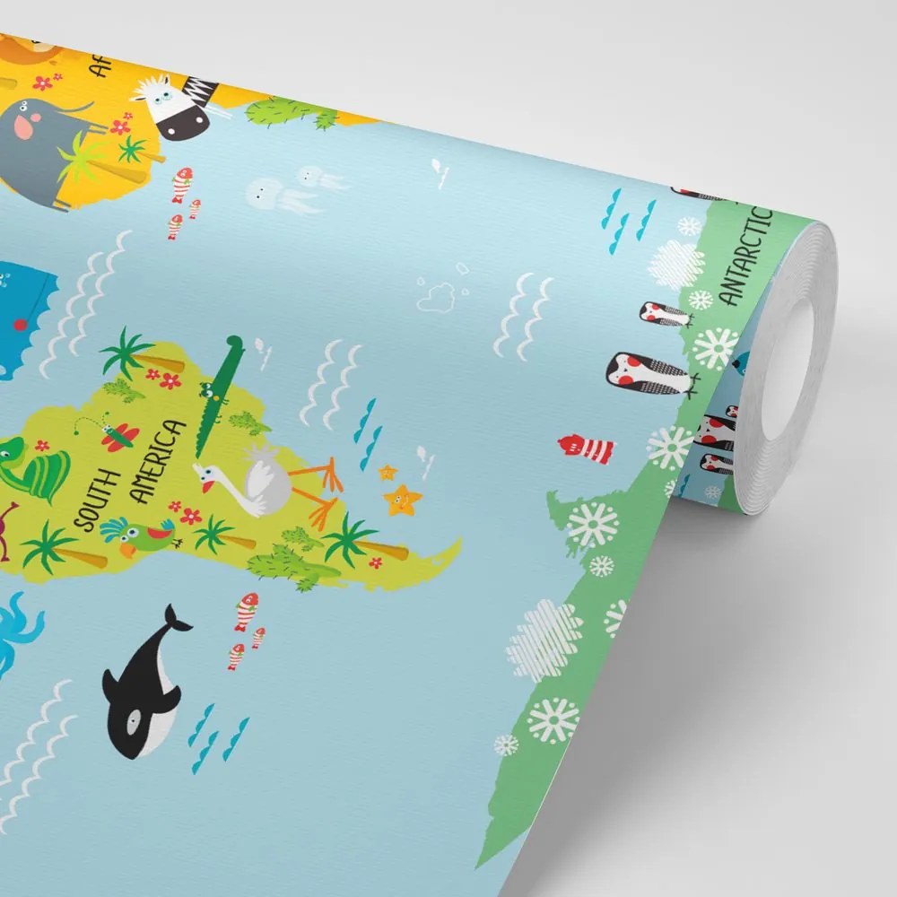 Tapeta detská mapa sveta so zvieratkami - 375x250