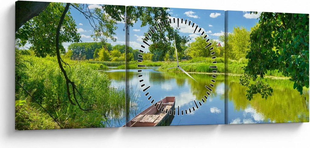 Obraz letné rieky s loďkou (s hodinami) (90x30 cm)