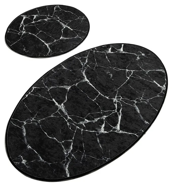 Súprava 2 čiernych oválnych kúpeľňových predložiek Chilai Marble