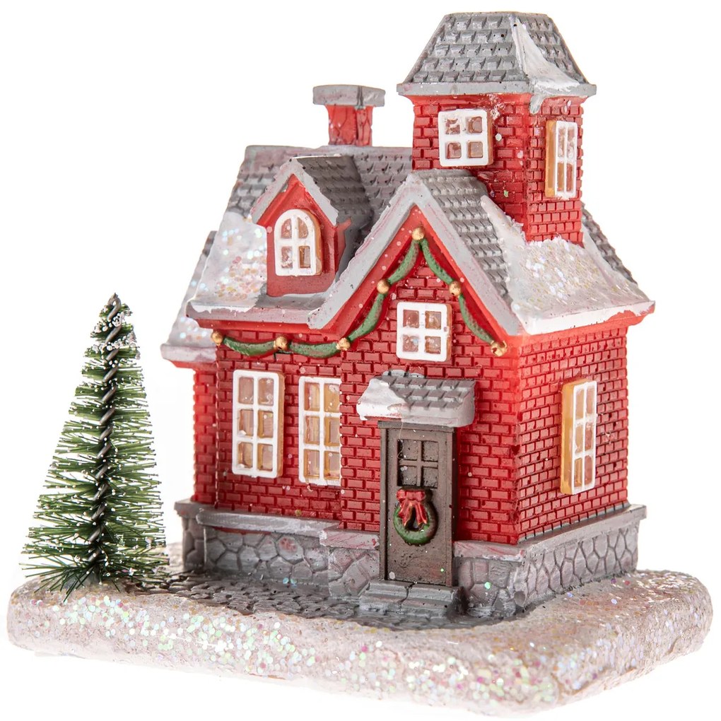 Vianočná dekorácia Červený domček s LED svetlom, 8 x 11,5 cm