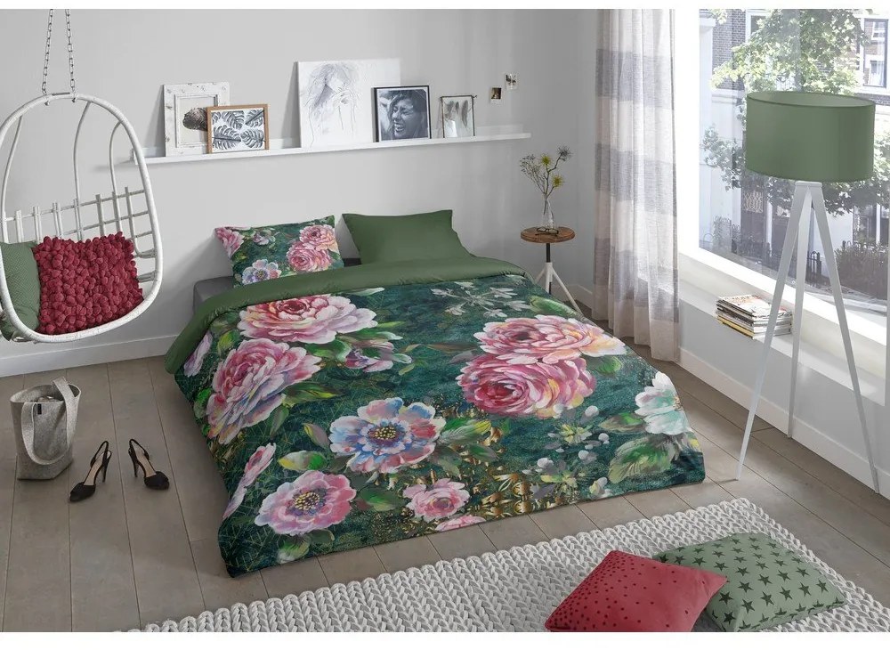 Zelené bavlnené obliečky na jednolôžko/predĺžené 140x220 cm Fleur – Good Morning