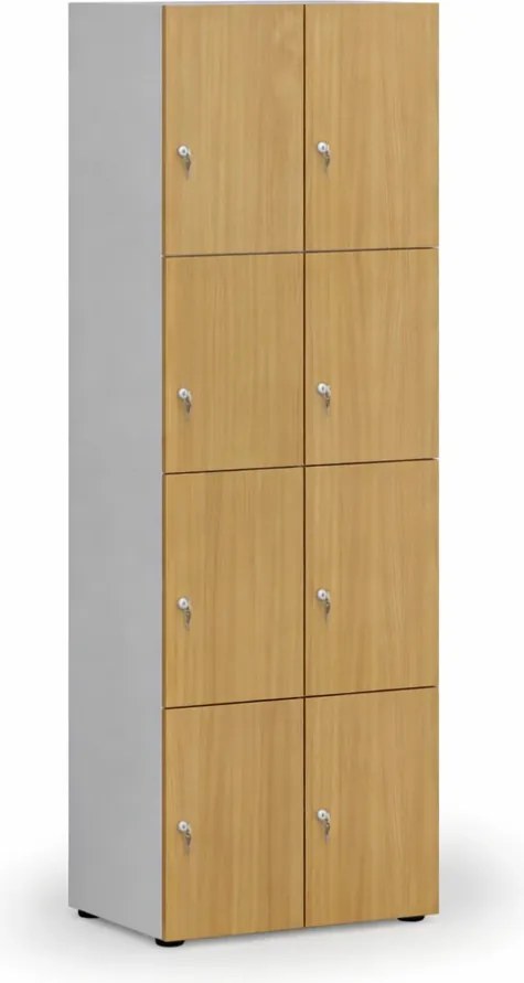 Drevená šatníková skrinka S4 s úložnými boxmi, 8 boxov, demont, cylindrický zámok, sivá/buk