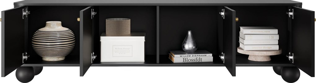 TV stolík Vespera 4D 187 cm - čierna / zlatá / guľaté nohy