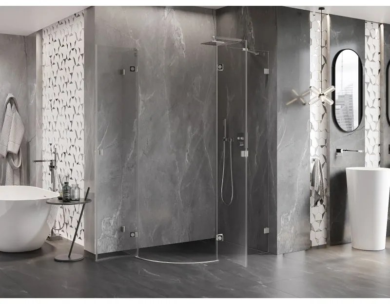 Mexen Lunar, pravý polkruhový sprchový kút 90 x 80 cm, 8mm číre sklo, oceľový profil, 833-090P-080L-97-00