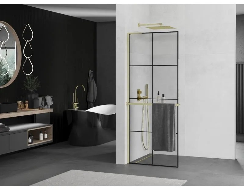 Mexen Kioto+ L, sprchová zástena Walk-In s poličkou a vešiakom 80 x 200 cm, 8mm číre sklo čierny vzor, zlatý lesklý profil,800-080-123-50-77