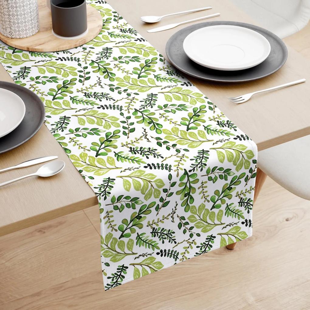 Goldea behúň na stôl 100% bavlnené plátno - zelené lístočky 35x180 cm