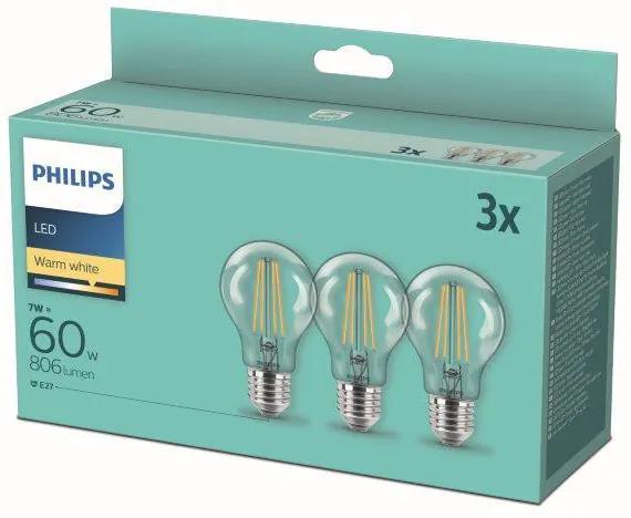 Philips 8718699777777 Žiarovka Philips LED vláknová E27, 7W, 806lm, 2700K, priehľadná, 3 ks v balení