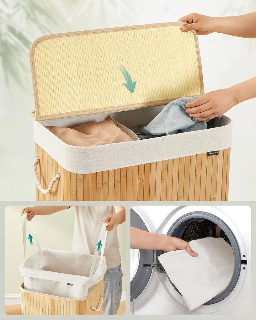 Prádlový kôš s 2 priehradkami, 100 l, s viečkom, prírodná farba