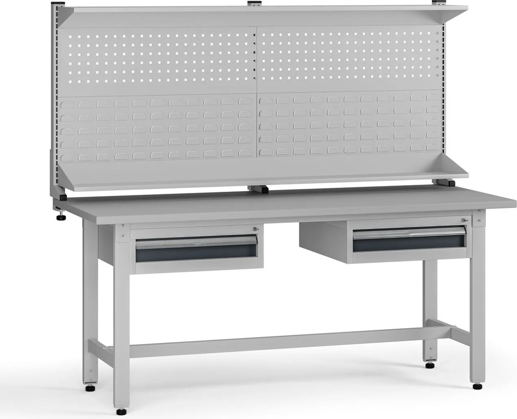 Výškovo nastaviteľný dielenský stôl G5 s nadstavbou, 1800 x 750 x 800-1000 mm, 2x kontajner, 2 zásuvky, grafit