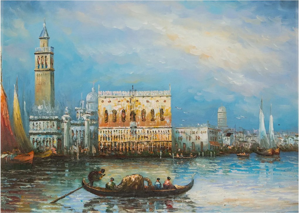 Sklenený obraz - Gondola prechádzajúca Benátkami, olejomaľba (70x50 cm)