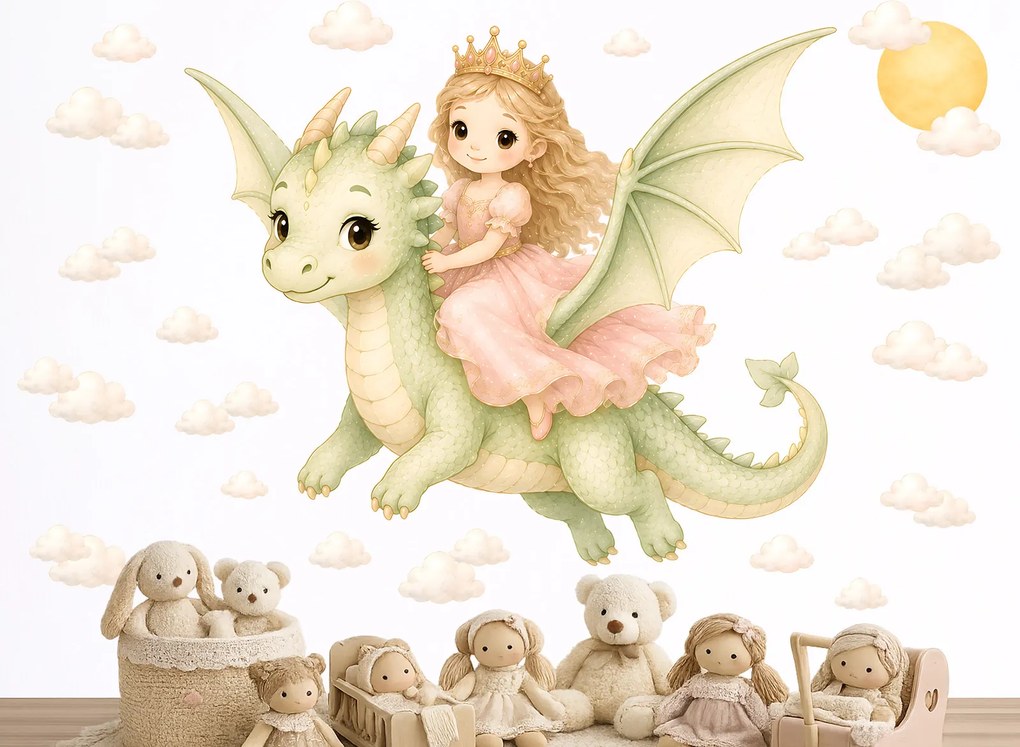Princezná na drakovi dievčenské nálepky na stenu hárok 45 x 37 cm