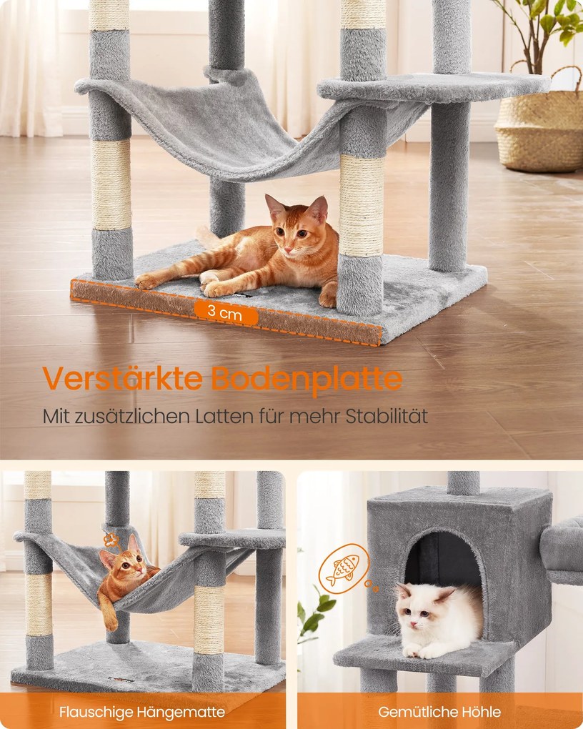 Mačací strom, úzka veža pre mačky, výška 199 cm, sivá farba