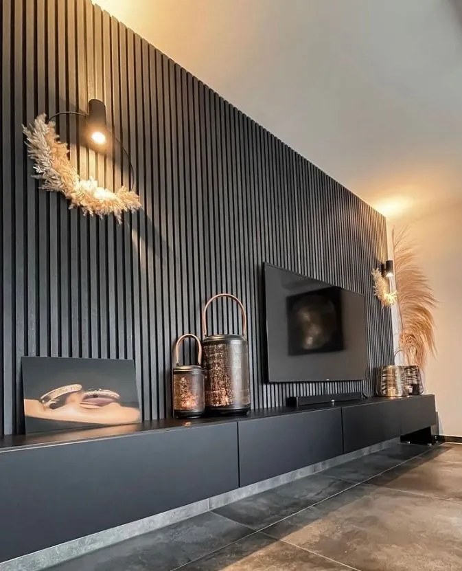 Drevený akustický panel, 2400 x 600 mm, čierny podklad, balenie 5 ks, dub grafitový