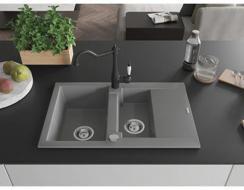 Mexen Gaspar, 1,5-komorový granitový drez 737x475x177 mm a drezová batéria Carla, šedá, 6507-71-670700-70