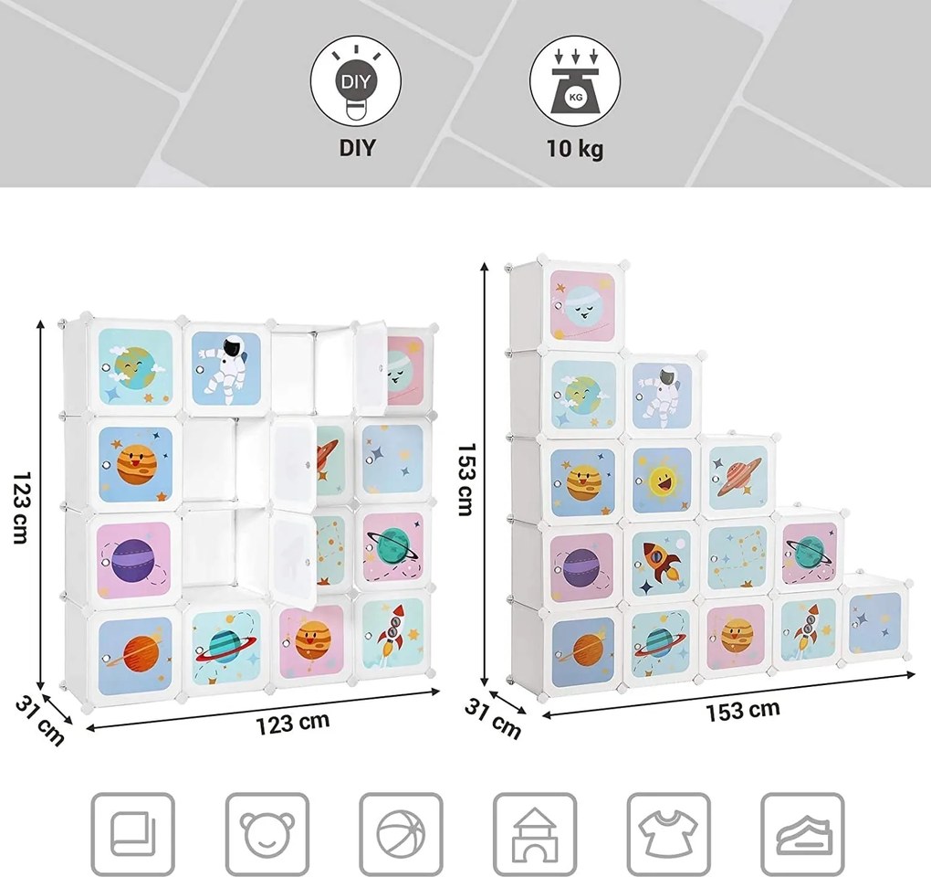 Detská modulárna skriňa s dvierkami, biela s detským motívom