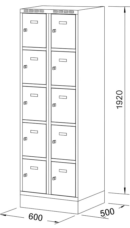 Alfa 3 Šatníková skrinka S6 na sokli s úložnými boxami, 10 boxov, 1920 x 600 x 500 mm, otočný zámok, oranžové dvere