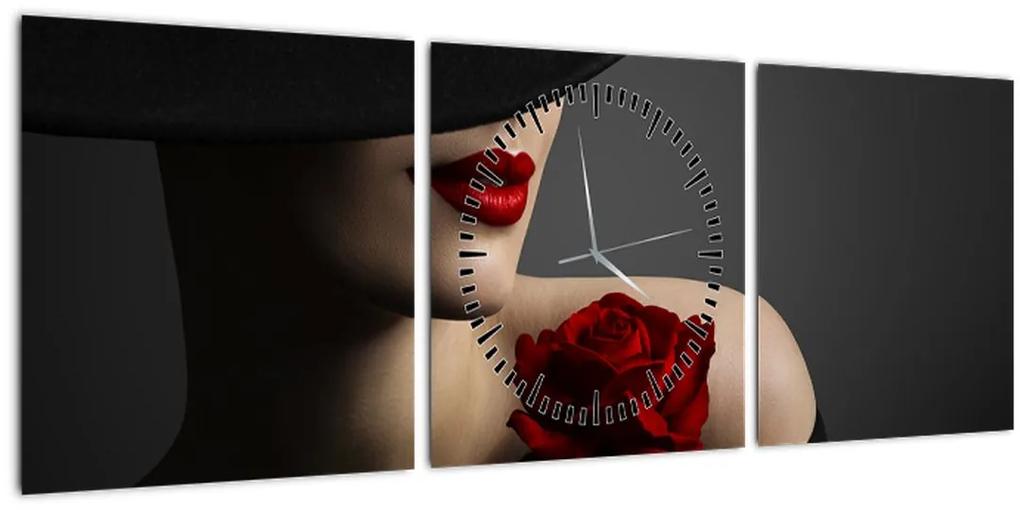 Obraz - Žena s ružou (s hodinami) (90x30 cm)