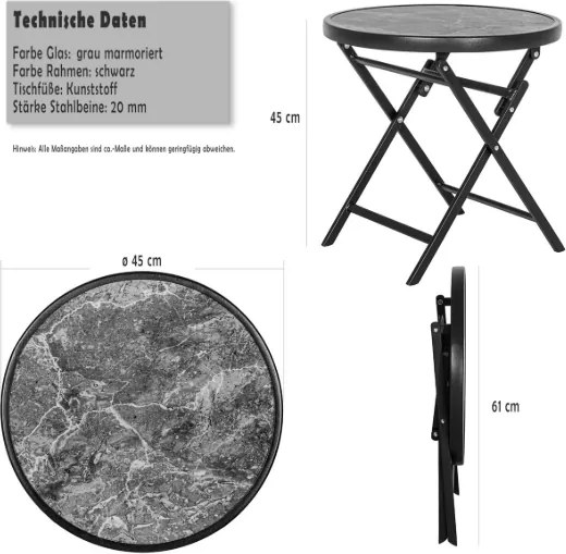 Odkladací stolík so sklenenou doskou, sivý mramor, Ø 45 cm