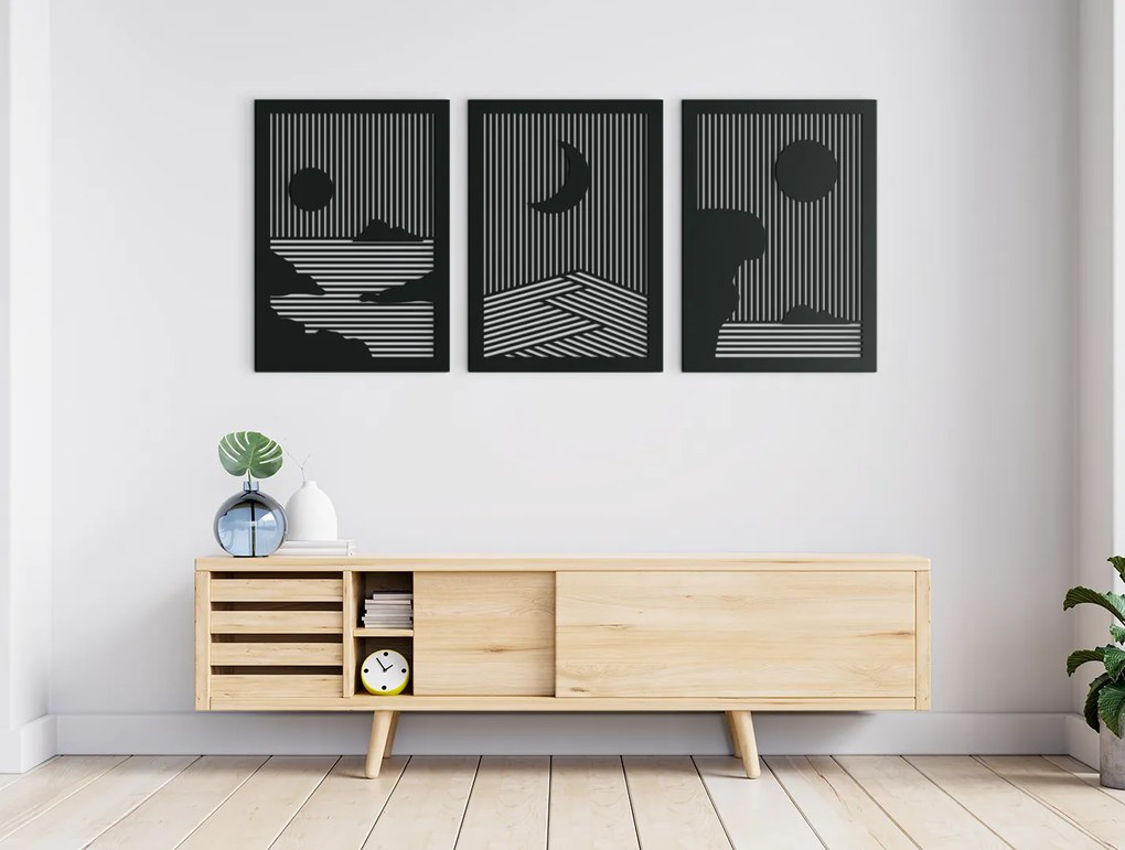 drevko Drevený viacdielny obraz Slnko a Mesiac Rozmer obrazu: 28,5 x 65 cm, Farba dekorácie: Čierna