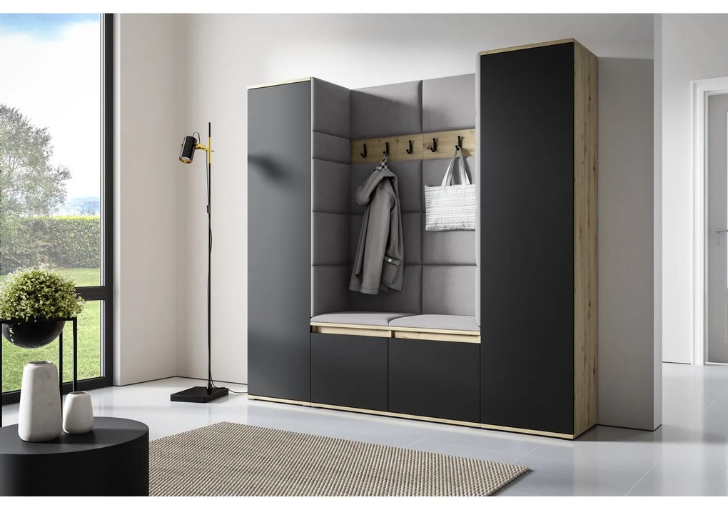 Predsieňová stena AMI 31 So zrkadlom Dub artisan + čierna Sivá II