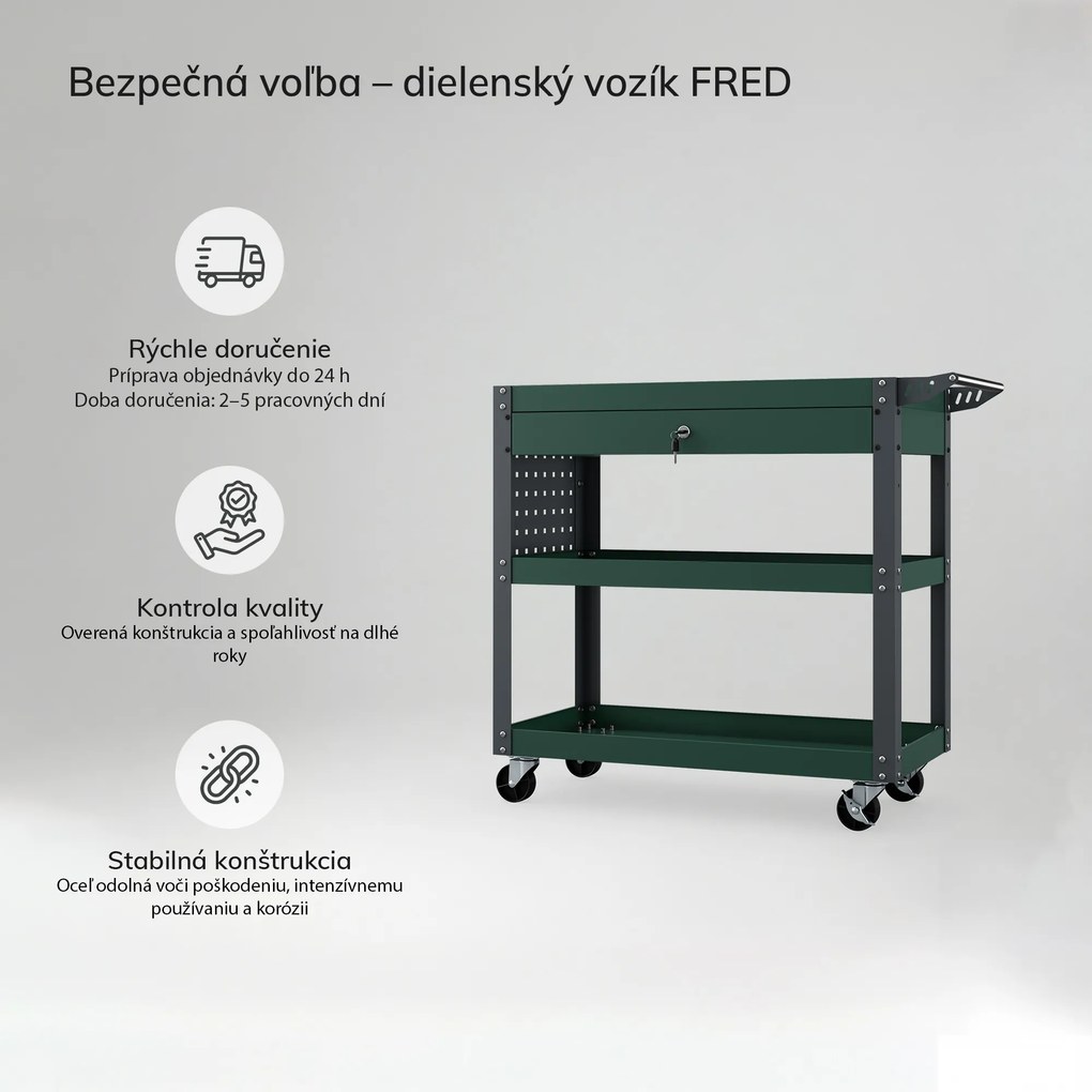 Dielenský nástrojový vozík so zásuvkou, na kolieskach, fľaškovo zelená, 800x800x380 mm: FRED