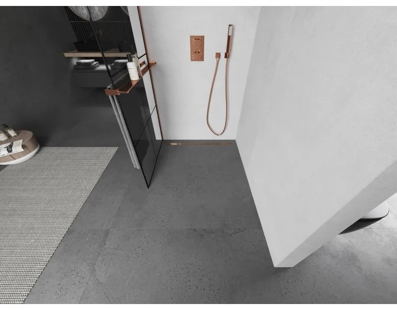 Mexen Kioto+ L, sprchová zástena Walk-In s poličkou a vešiakom 90 x 200 cm, 8mm číre sklo čierny vzor, ružové zlato profil, 800-090-123-60-77