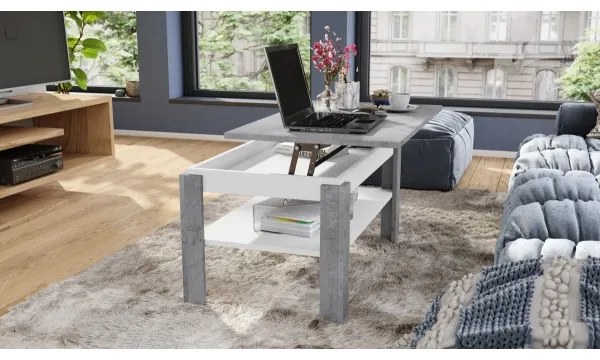 Rozkladací konferenčný stôl so zvíhacou doskou a poličkou ADEN šedá betón/biela