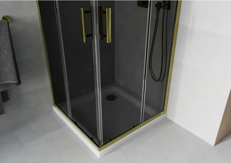 Mexen Rio, štvorcový sprchovací kút s posuvnými dverami 80(dvere) x 80(dvere) x 190 cm, 6mm šedé sklo, zlatý profil + biela sprchová vanička SLIM, 860-080-080-50-40-4010G