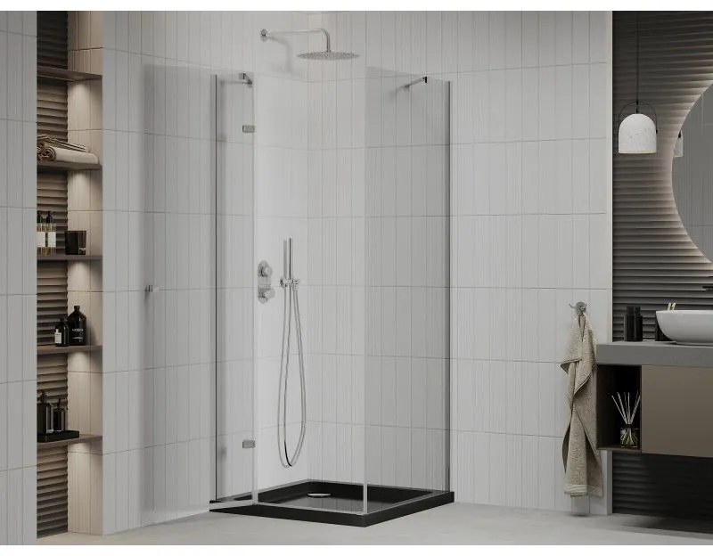 Mexen Roma, sprchový kút s krídlovými dverami 80 (dvere) x 80 (stena) cm, 6mm číre sklo, chrómový profil + slim sprchová vanička čierna + chrómový sifón, 854-080-080-01-00-4070