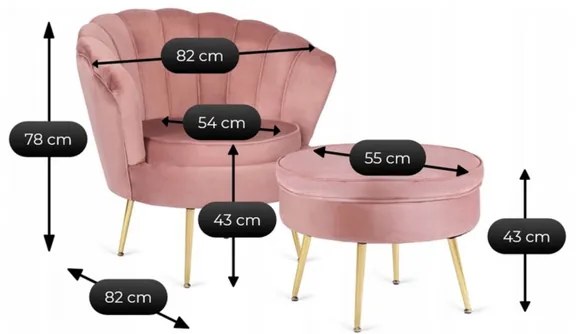 Kreslo LOREN s podnožkou, ružové, z velúru