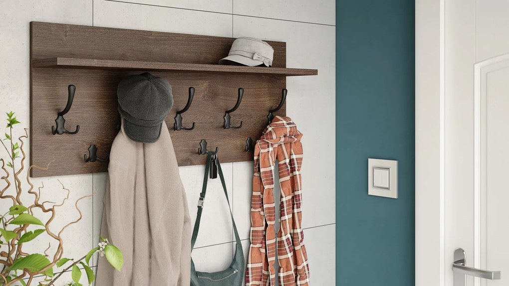 FINLO Dub hnedý / držiaky Čierne matné - MODERNÝ NÁSTENNÝ VEŠIAK S POLICAMI DO PREDSIENE 90 cm