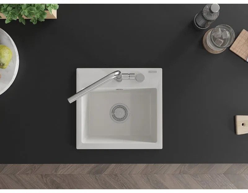 Mexen Milo, 1-komorový granitový drez 435x410x171 mm a drezová batéria Flora, biela, 6505-20-670401-00