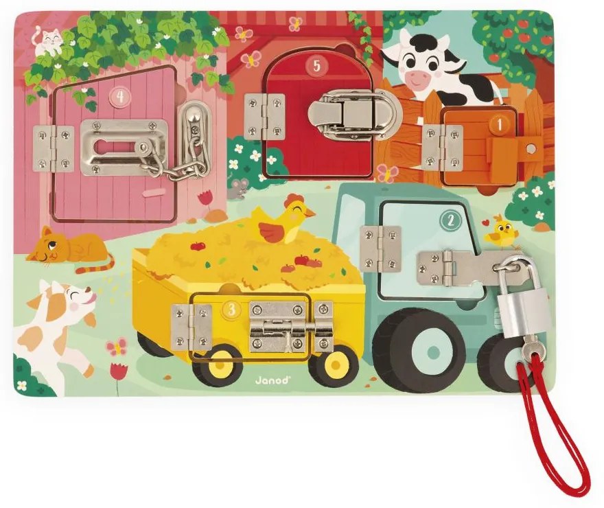 Drevená motorická hra so zámkami - Farma