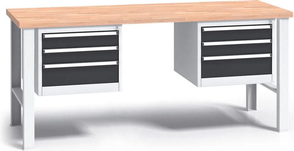 Pracovný stôl do dielne G3 s 2 závesnými boxami na náradie, buková škárovka, 6 zásuviek, pevné kovové nohy, 2000 mm, grafit
