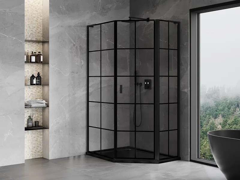 Mexen Mist L, päťuholníkový sprchový kút s krídlovými dverami, 80 x 90 cm, 8mm číre sklo, čierny profil, 8A8L-080-090-70-77-P
