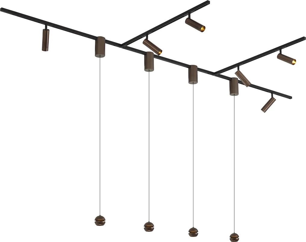 Moderný koľajnicový systém so 6 bodovými svetlami a 4 závesnými svetlami Easylift tmavý bronz 1-fázový - Slimline Uzzy Tira