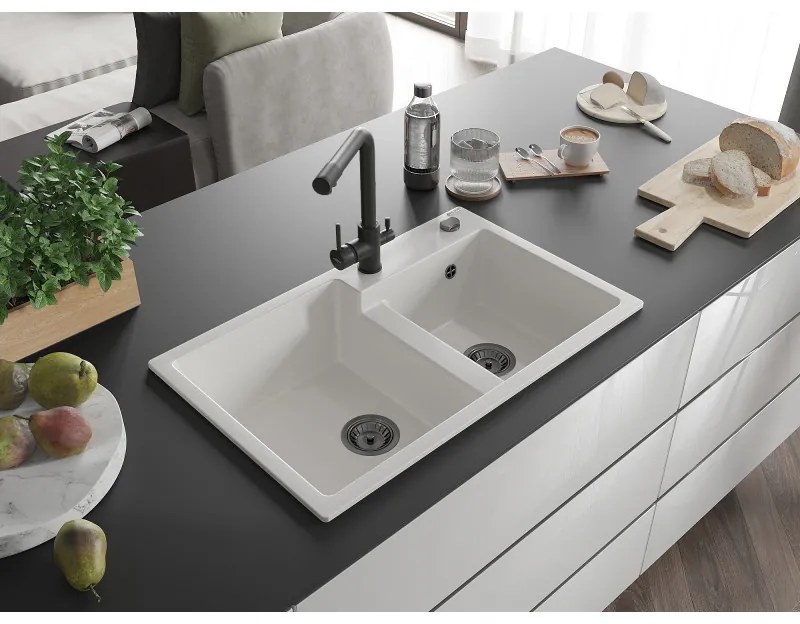 Mexen Tomas, granitový drez 800x500x190 mm, 2-komorový a čierna batéria Duero, biela, 6516-20-671600-70