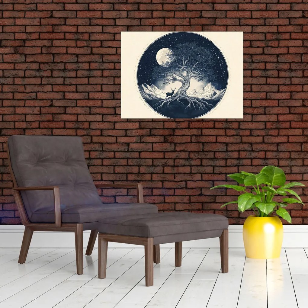 Sklenený obraz – Magický strom s jeleňom I. (70x50 cm)