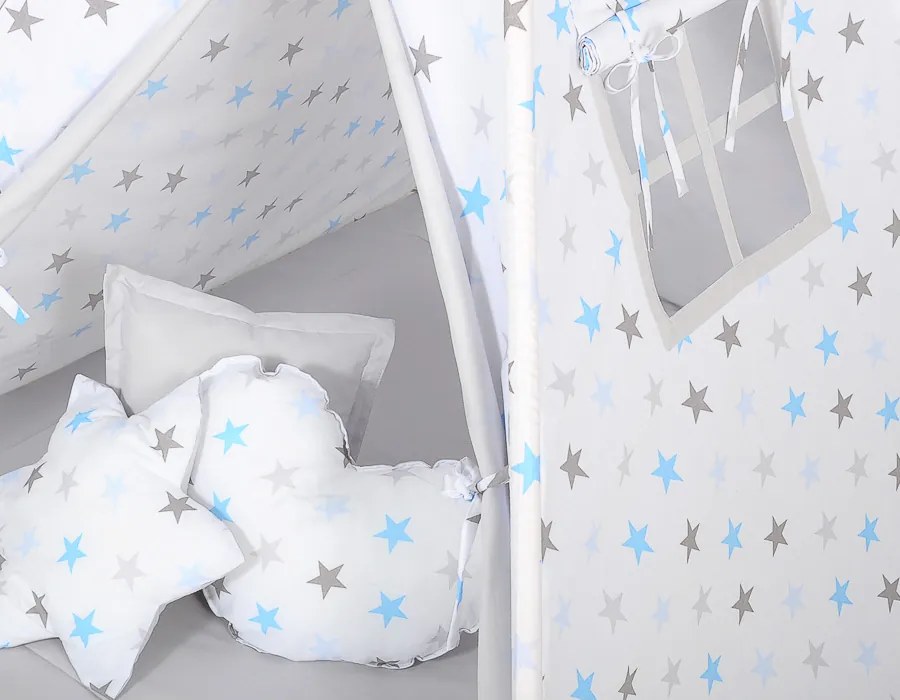 Bobono Stan Teepee pre deti + hracia podložka + vankúše + ozdobné perie - Stars modro-šedá/šedá