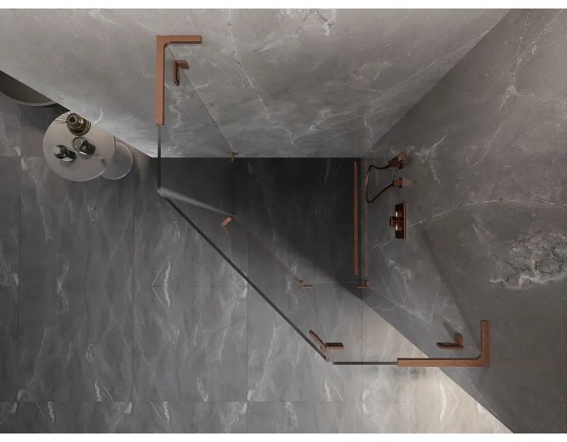 Mexen Lunar, L pravý výklopný päťuholníkový sprchový kút 100x100 cm, 8mm číre sklo, profil medená matná, 831L-100P-100L-65-00-P