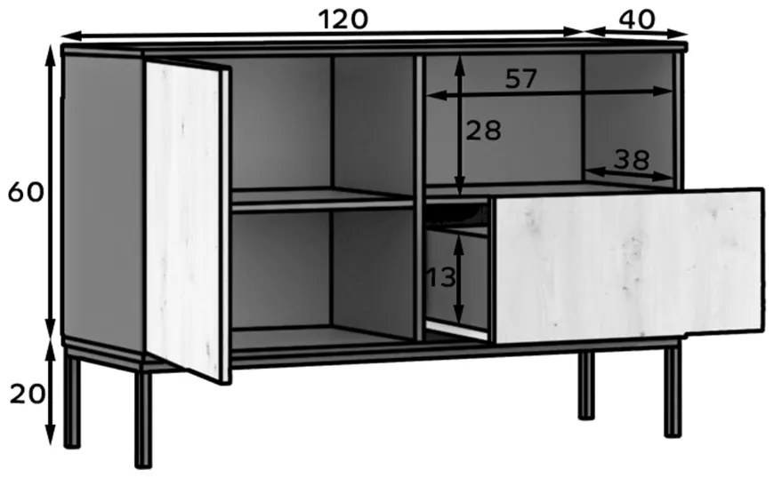 Komoda LANZZI 120x40 cm, čierna/dub