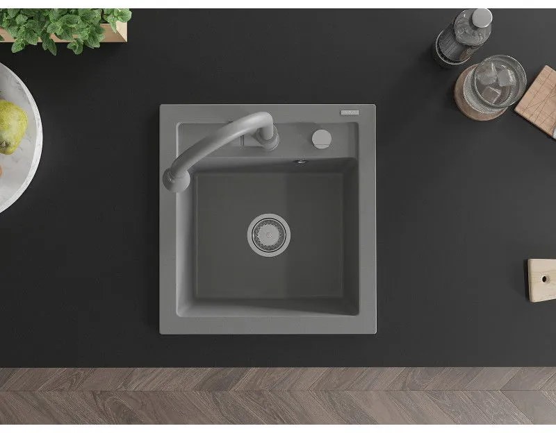 Mexen Vito, 1-komorový granitový drez 490x520x210 mm a drezová batéria Elia, šedá, 6503-71-670101-71